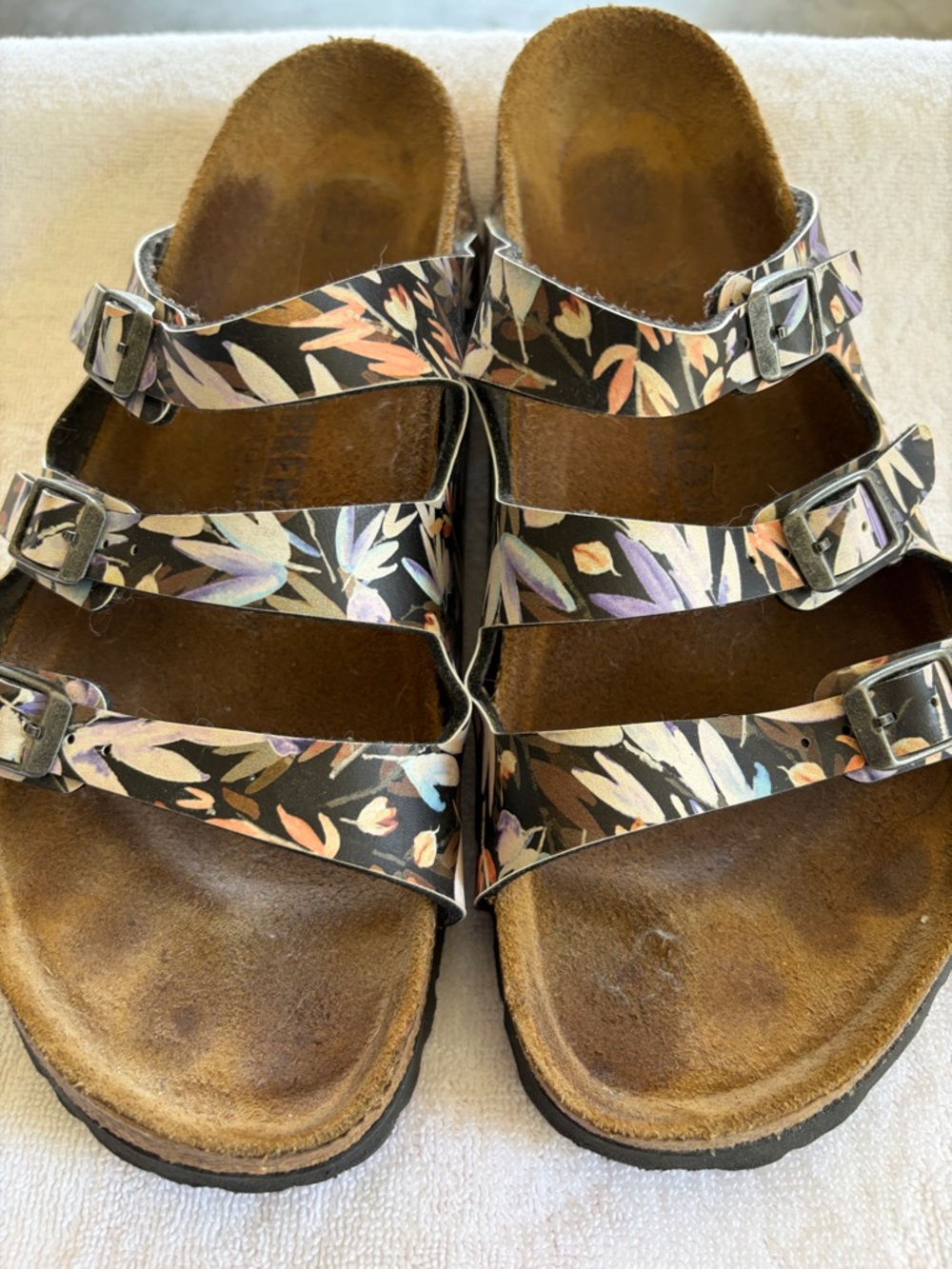 Triple-Strap Floral Comfort Sandal - Black with Pastel Accents
